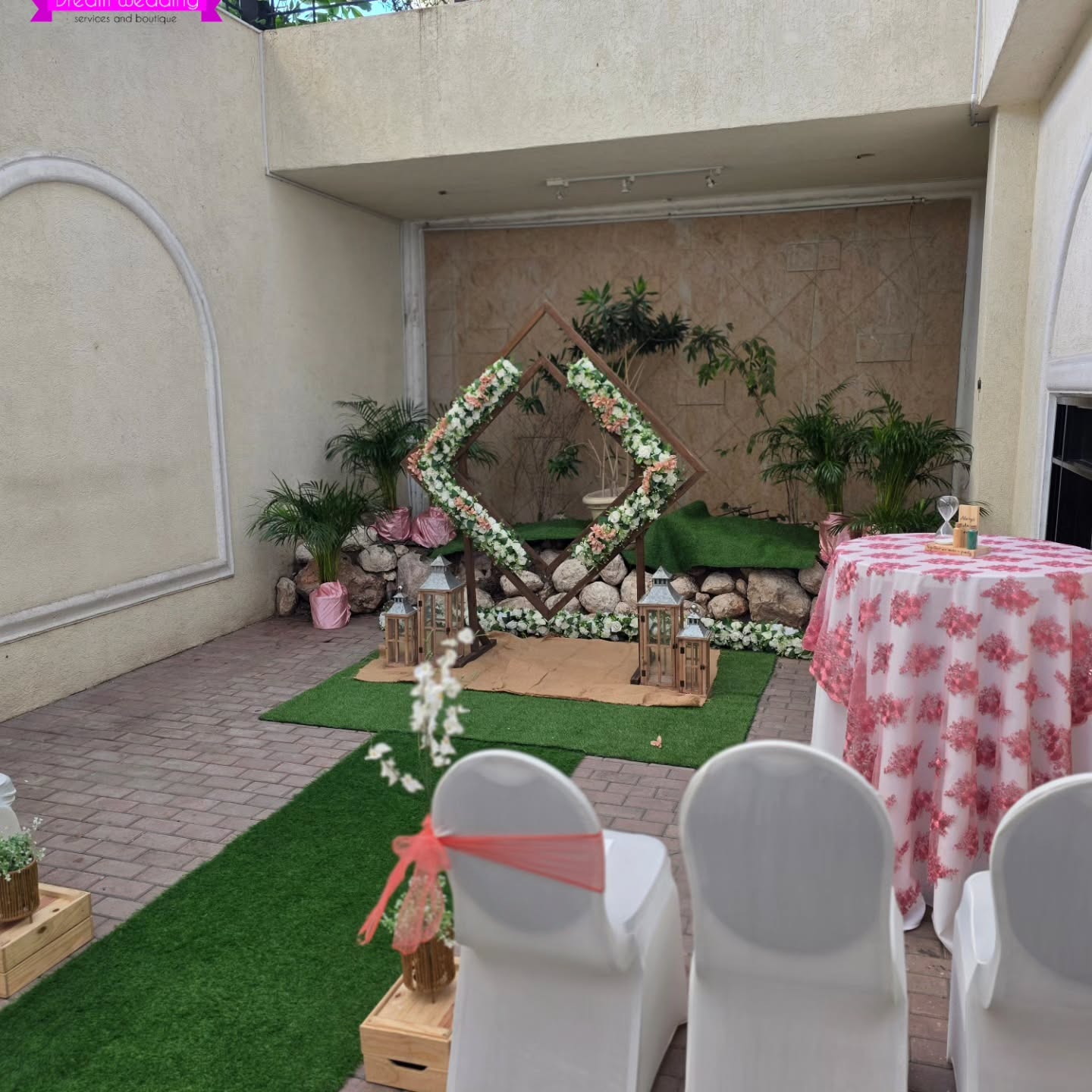Mauve, timber, and spring florals as one system.